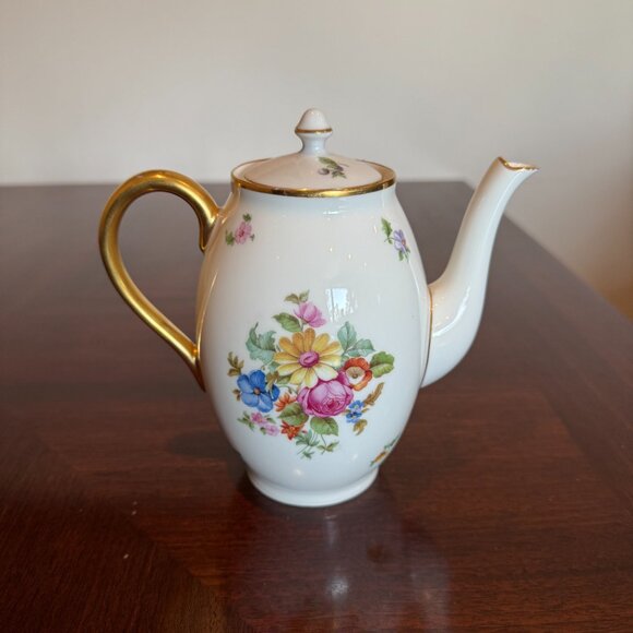 Small Flowered Coffee Pot with Gold Trim - Picture 2 of 5